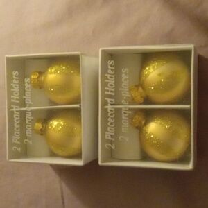 4 Glitter Striped Christmas Ornament Place Card Holders - 2" - Champagne (Gold)